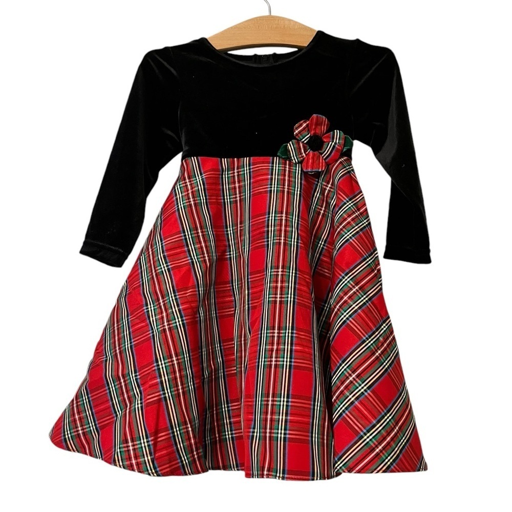 Good lad toddler girls black velvet plaid taffeta holiday dress sz 2T